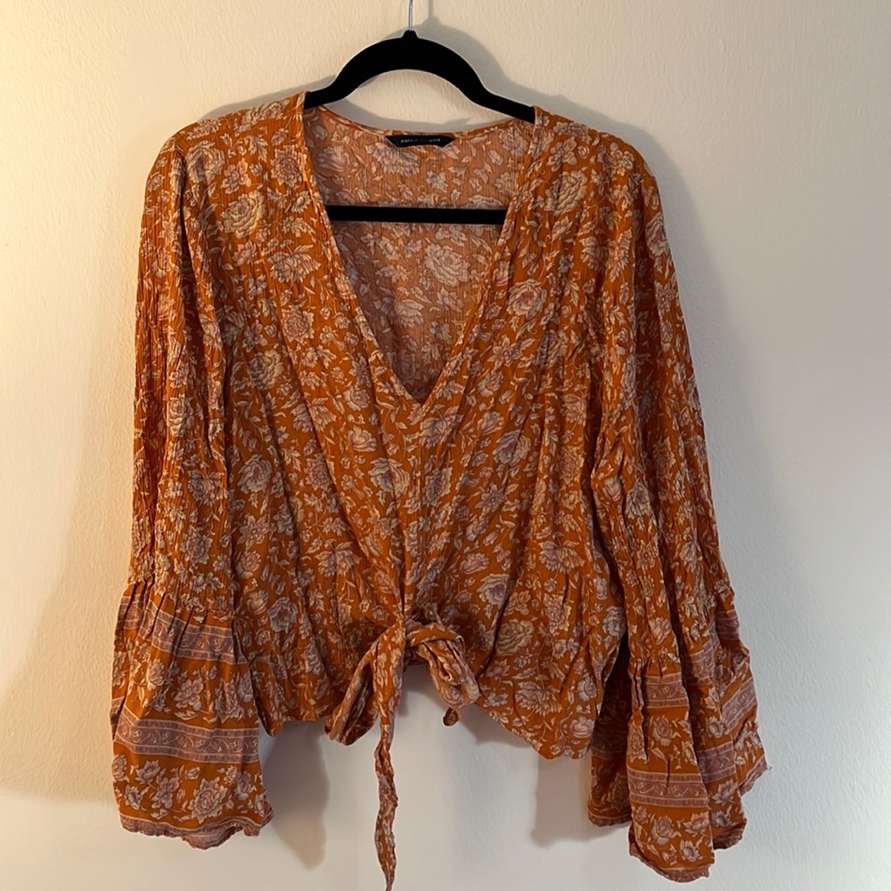 Orange floral big-sleeve blouse